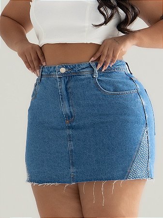 Saia Jeans Plus Size Brilho Lateral