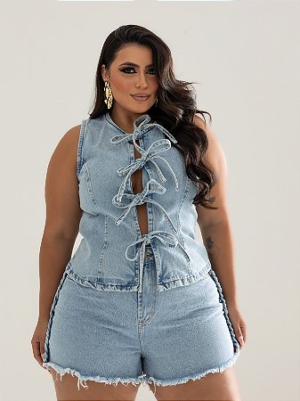 Short Jeans Plus Size Cintura Alta e Cropped Laço Conjunto