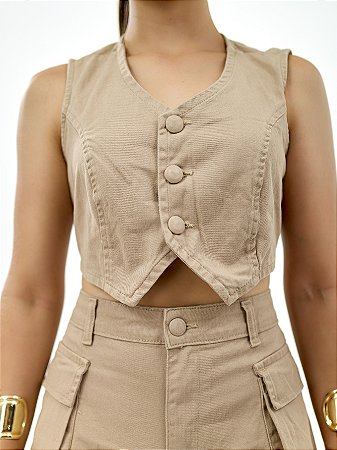 Cropped Colete Jeans Bege