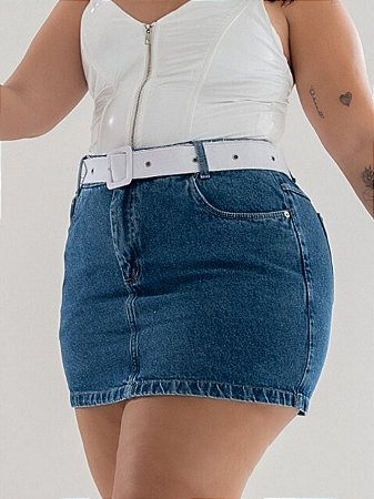Saia Jeans Plus Size Com Cinto Branco