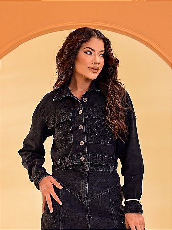 Jaqueta Jeans Com Strass no Bolso