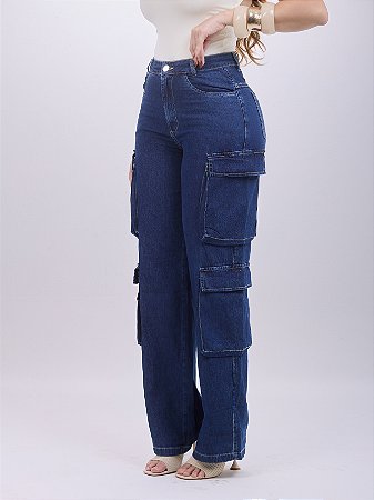 Calça Jeans Cargo Wide Leg