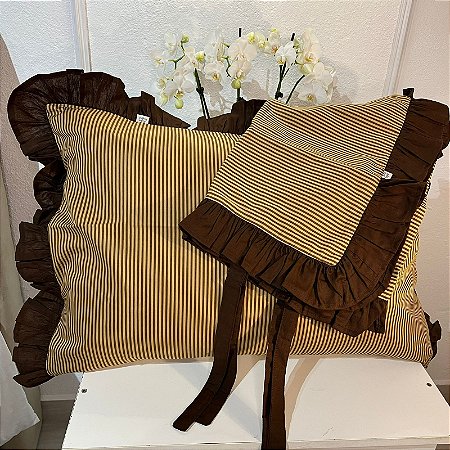 Capa de Travesseiro Algodão – Listras com Babado e Laços Laterais