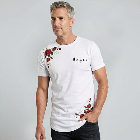 Camiseta Longline Algodão Flores Vermelhas Ref l38