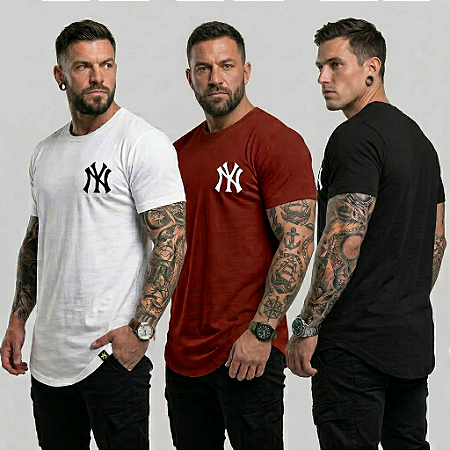 Kit 3 Camisa Camiseta Masculina Longline Algodão StreetWear NY New York LK03