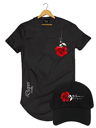 Kit Camisa Camiseta Masculina Longline + Bone Preto Red Rose  Premium Algodão LK05