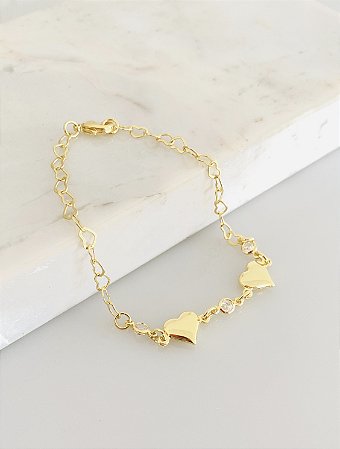 Pulseira coração com ponto de luz em zircônia banhado a ouro 18k