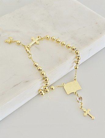 Pulseira terço Salmos 23 em bolas ocas banhado a ouro 18k