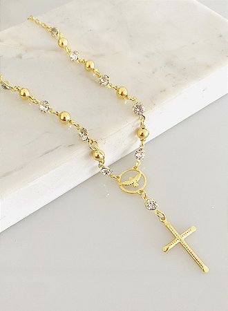 Colar terçinho com strass em banho de ouro 18k