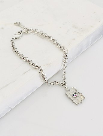 Pulseira coração de elo portugues em banho de rôdio branco