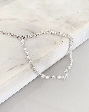 Pulseira pérola com rivieria em banho de prata 1000
