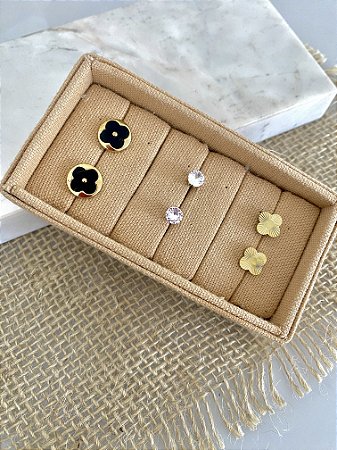 Trio de brinco flor preta em Aço 316L Premium