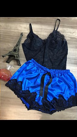 Baby Doll Renda e Cetim Azul - Tam. M