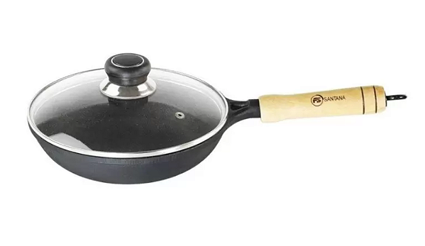 Frigideira Wok de ferro tampa de vidro 24