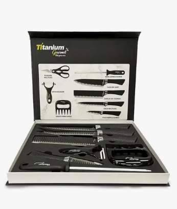 Jogo De Facas Titanium 8 Pçs Premium Gourmet Inox Churrasco