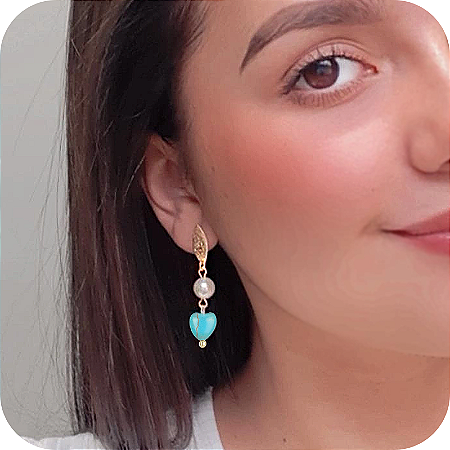 Brinco Médio com Pedra Azul e Pérola - Banhado a Ouro 18k