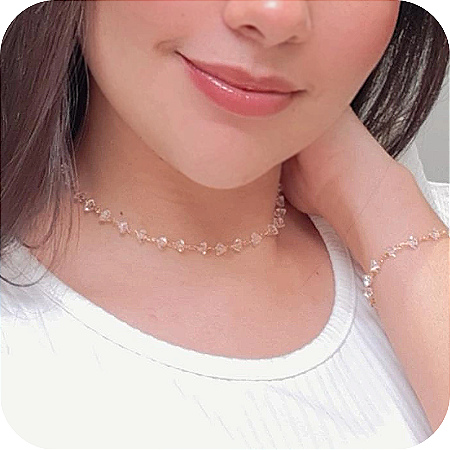 Choker + Pulseira com Pedras Cristais - Banhadas a Ouro 18k