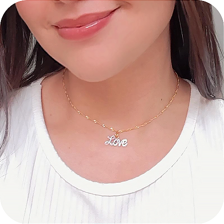 Corrente Cingapura com Pingente Plaquinha Love - Banhada a Ouro 18k