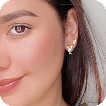 Duo de Brincos de Corujinha com Acabamento em Caneta de Ródio Branco - Banhado a Ouro 18k