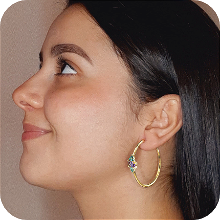 Brinco de Argola com Pedras Naturais Brasileiras - Ametista e Turmalina - Banhado a Ouro 18k