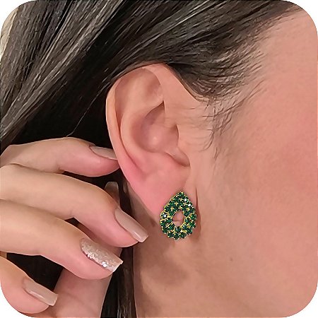 Brinco Gota Vazada com Strass na Cor Esmeralda - Banhado a Ouro 18k