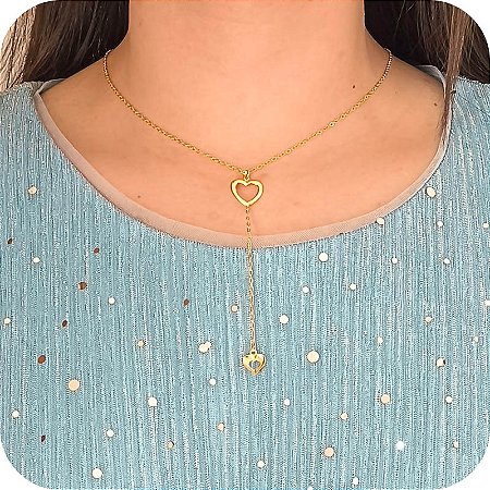 Colar Gravatinha com 2 Corações - Banhado a Ouro 18k
