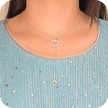 Colar Gravatinha com 2 Corações - Prata 925