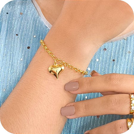 Pulseira de Elo Português com Pingente de Maxi Coração - Banhada a Ouro 18k