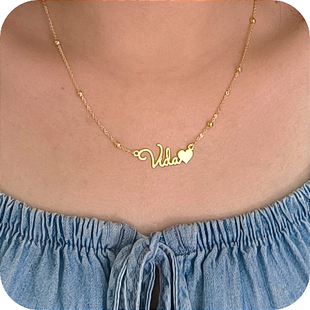 Corrente de Bolinhas Escrito Vida com Coração - Banhado a Ouro 18k