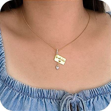 Corrente com Pingente Gratidão e Coração Cravejado em Microzircônias - Banhado a Ouro 18k