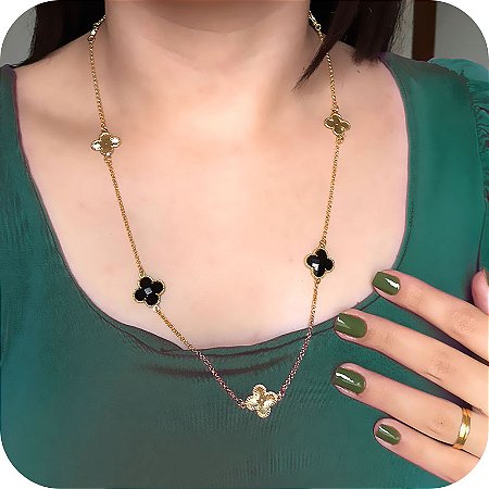 Colar de Trevos Pretos de Zircônia Ônix 55cm - Banhado a Ouro 18k