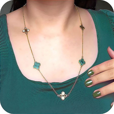 Colar de Trevos Verdes de Pedra Malaquita 55cm - Banhado a Ouro 18k