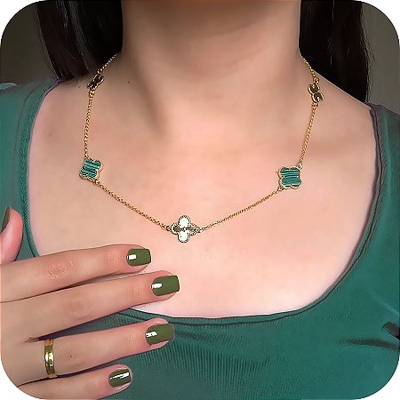 Choker de Trevos Verde de Pedra Malaquita - Banhado a Ouro 18k