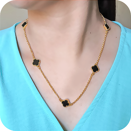 Colar de Trevos em Pedra Preta 5 Propósitos - Banhado a Ouro 18k