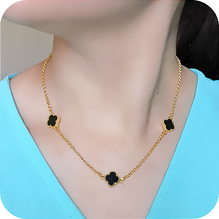 Colar de Trevos em Pedra Preta 3 Propósitos - Banhado a Ouro 18k