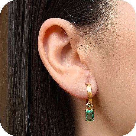 Brinco Argolinha de Click com Pingente de Pedra Turmalina - Banhado a Ouro 18k