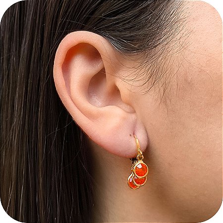 Brinco Argolinha de Click com 3 Pedras Laranjas - Banhado a Ouro 18k