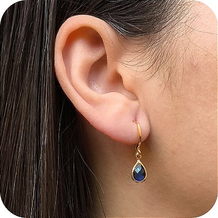 Brinco Argolinha de Click com pedrinha Gota Azul - Banhado a Ouro 18k