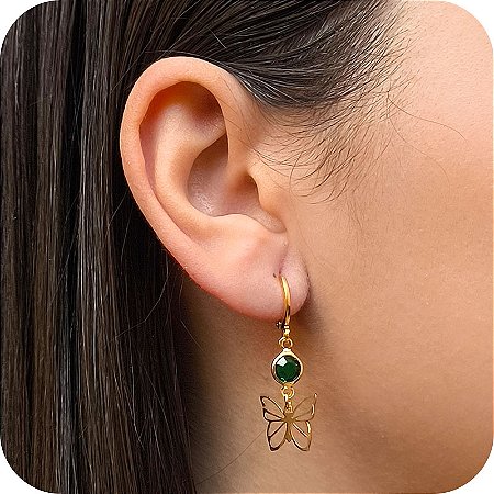 Brinco Argolinha de Click com Pedrinha Verde e Borboleta - Banhado a Ouro 18k