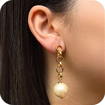 Brinco de Elos com Pérola Pendente - Banhado a Ouro 18k