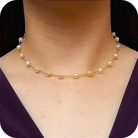 Choker de Pérolas Redondas Barrocas - Banhado a Ouro 18k