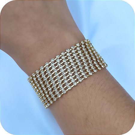 Pulseira Festa com 10 Fios de Strass - Banhado a Ouro 18k