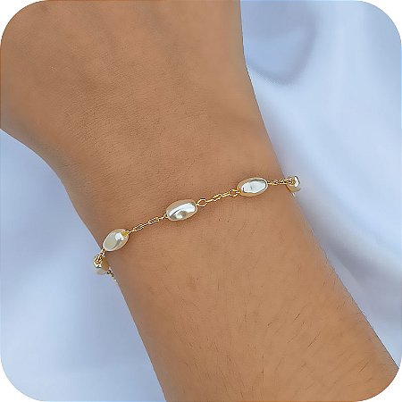 Pulseira de Pérolas Arroz Orgânicas - Banhado a Ouro 18k