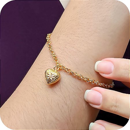 Pulseira Elo Português com Pingente de Coração Lapidado - Banhada a Ouro 18k