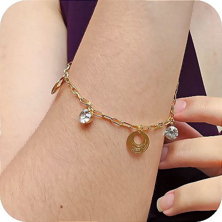 Pulseira com Ponto de Luz e Aros Vazados - Banhada a Ouro 18k