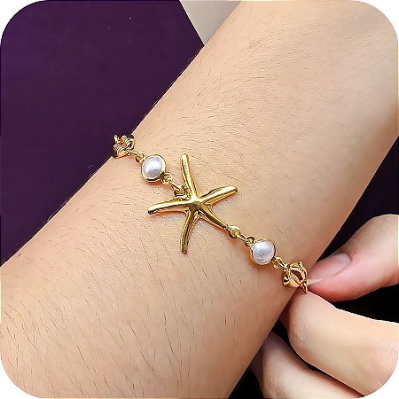 Pulseira Praiana de Estrela do Mar com Pérolas e Búzios - Banhada a Ouro 18k