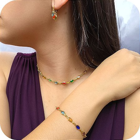 Conjunto Multicolor de Choker + Brinco + Pulseira de Pedras - Banhada a Ouro 18k