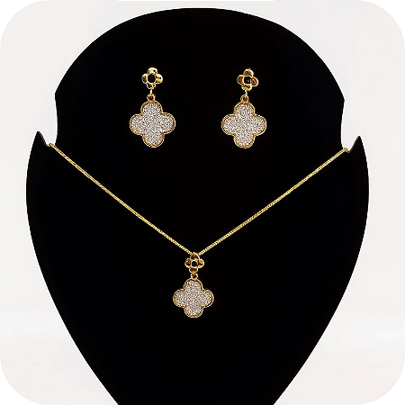 Conjunto colar + Brinco de Trevo Brilhante