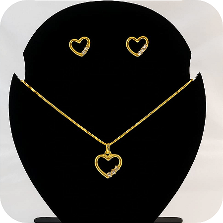 Conjunto colar + Brinco de Coração Três Pedras