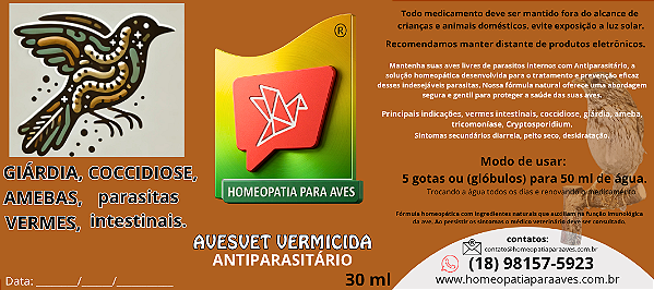 AVESVET VERMICIDA - Antiparasitário. Solução Homeopática para Parasitas Internos em Aves ex: vermes, coccidiose, giárdia, amebas, peito seco e diarréia.